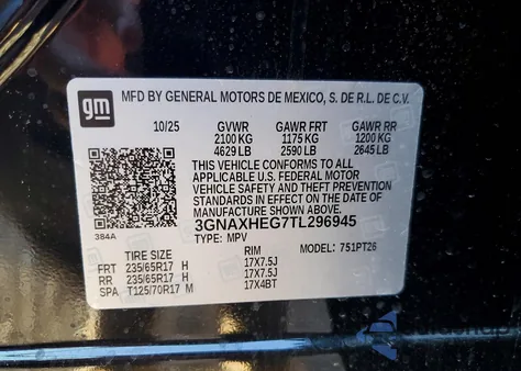 2026 Chevrolet Equinox Lt z USA, uszkodzony, nr VIN 3GNAXHEG7TL296945